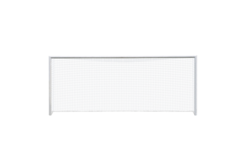 Transparent soccer goal with net on white background, ideal for sports-themed designs, presentations, and concepts