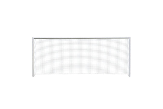 Transparent soccer goal with net on white background, ideal for sports-themed designs, presentations, and concepts