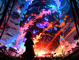 Anime Girl Witnessing a Spectacular Spaceship Arrival. Generative AI.