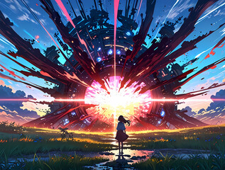 Anime Girl and a Spectacular Energy Burst from Futuristic Portal. Generative AI.