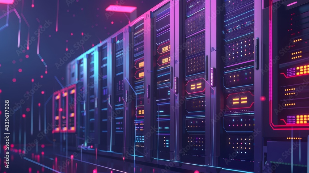 Poster a futuristic server room with glowing neon lights, showcasing advanced technology and high-speed dat