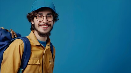 Fototapeta premium Joyful Mail Carrier Embracing Modern Career Portrait on Colorful Background