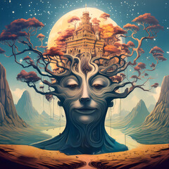 Ancient Wisdom Serene Tree Spirit with Castle Under a Full Moon. Generative AI