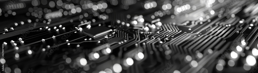 Poster abstract black and white close-up of a circuit board representing technology, electronics, and compl