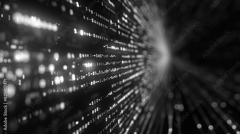Aufkleber abstract black and white digital data stream with bright particles, representing futuristic technolo