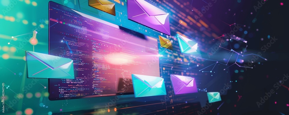 Poster a vibrant digital illustration of email communication with colorful envelopes floating around a comp