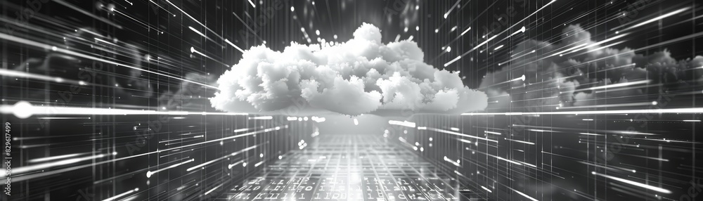 Aufkleber abstract black and white image of a cloud surrounded by fast-moving digital light streams, represent