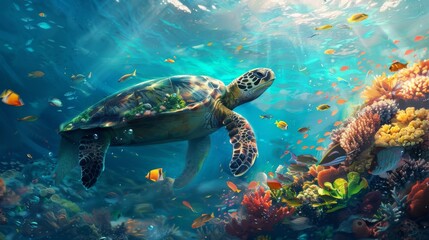 Fototapeta premium Sea Turtle Swimming Amidst Vibrant Coral Reef