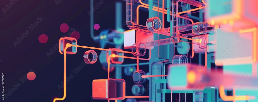 Poster abstract digital circuit and data network illustration with vibrant neon colors. futuristic technolo