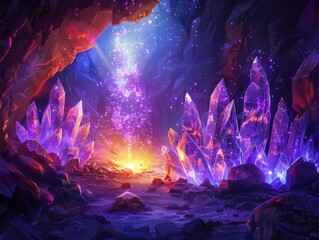 Obraz premium Mysterious cave lit with glowing crystals