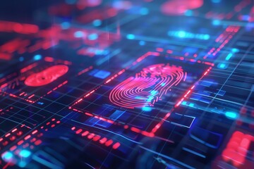 High-tech digital fingerprint scan in futuristic technology concept with glowing blue and red interface on a dark background.
