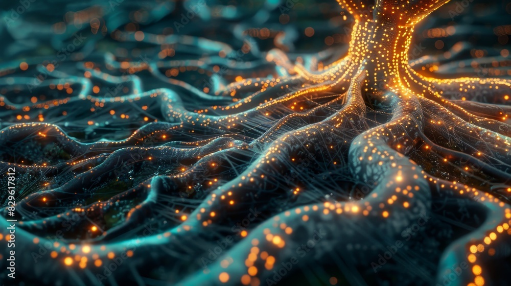Aufkleber abstract digital tree roots with glowing lights, symbolizing networks and connections in technology 