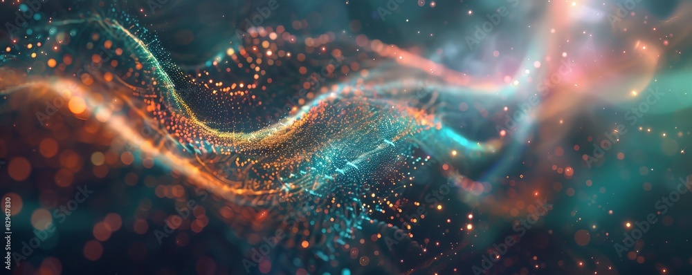 Poster abstract digital wave pattern with vibrant colors and glowing dots, representing futuristic technolo