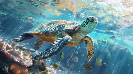 Sea Turtle Swimming Among Coral Reefs