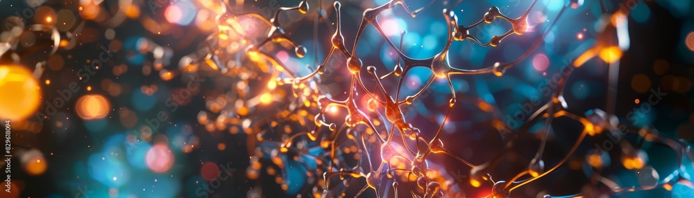 Poster abstract image of glowing neurons network with colorful bokeh lights, showcasing the complexity and 