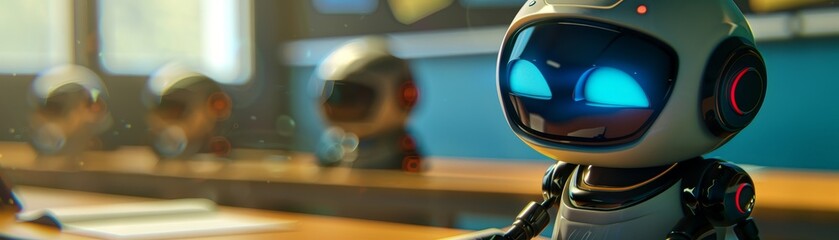 Fototapeta premium Adorable robotics students with glowing eyes in a classroom setting, showcasing advanced AI learning and technology integration.