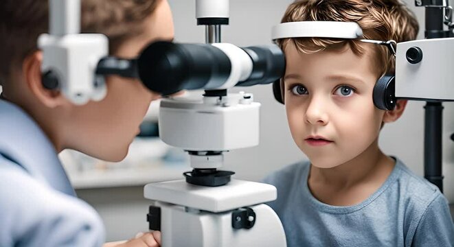 Child at the optician in an optical exam.