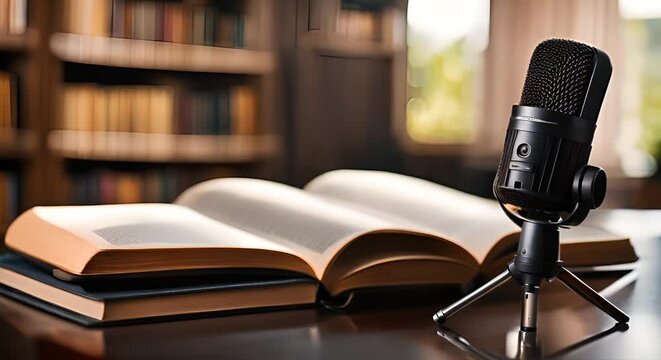 Microphone next to books. Podcast or audiobook concept.