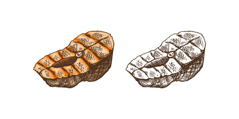 Hand-drawn colored and monochrome vector sketch of piece of barbecue salmon steak. Doodle vintage illustration. Decorations for the menu.