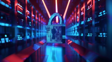 Digital padlock in a futuristic server room with neon lights, representing data security and cyber safety concepts.