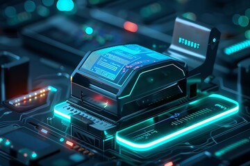 Naklejka premium Futuristic circuit board with glowing neon lights and intricate microchips. High-tech electronic components and advanced technology concept.