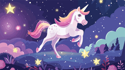 Cute unicorn running on the falling star with the stag