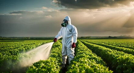 Framer pouring eco pesticide on a crop field.