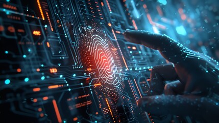 Futuristic digital fingerprint scan, highlighting advanced biometric technology and data security. Perfect for cyber security themes.