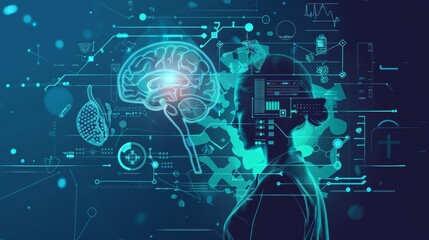 Artificial intelligence concept with human silhouette, brain digital illustration, and futuristic technology elements on blue background.