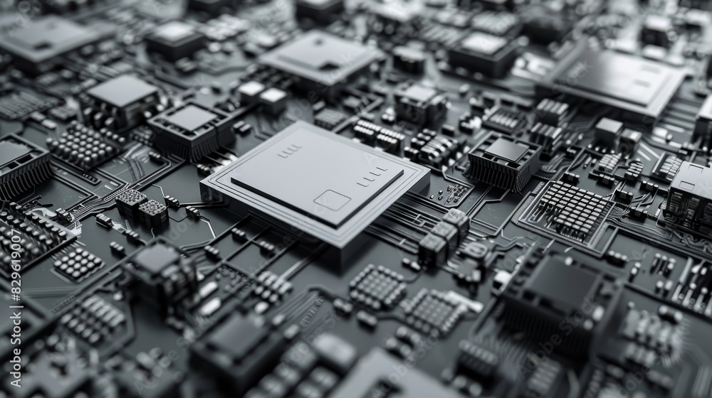 Poster close-up of a black computer motherboard with chips and circuits, illustrating advanced technology a