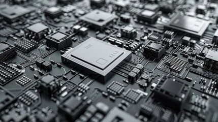 Fototapeta premium Close-up of a black computer motherboard with chips and circuits, illustrating advanced technology and electronic components.