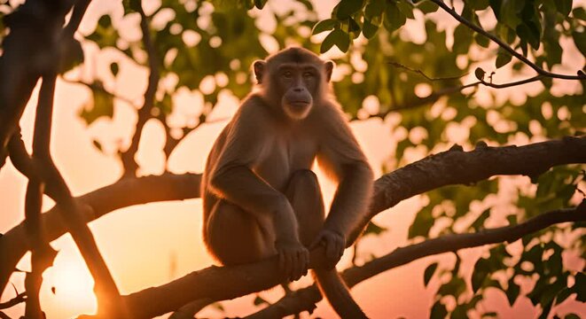 Monkey perched on a tree bench.