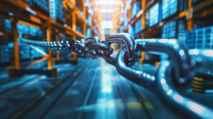 Close-up of a metallic chain, symbolizing strength and unity, in a warehouse with blurred background, representing industry and logistics.