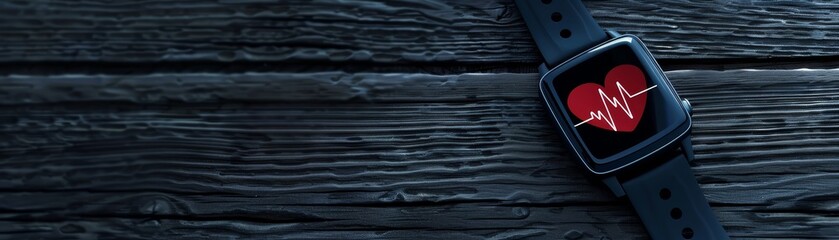 Close-up of a smartwatch displaying a heart rate monitor on a wooden surface, highlighting health and fitness technology.