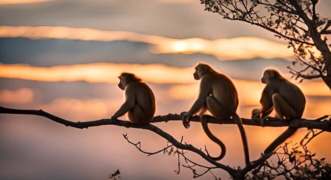 Monkeys perched on a tree bench.
