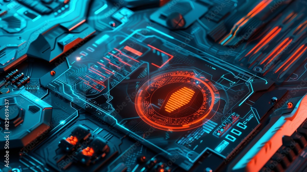 Poster close-up of futuristic computer motherboard with glowing circuits and electronic components, depicti