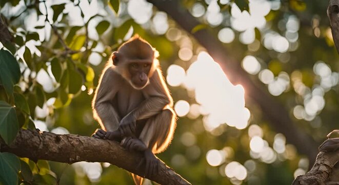 Monkey perched on a tree bench.