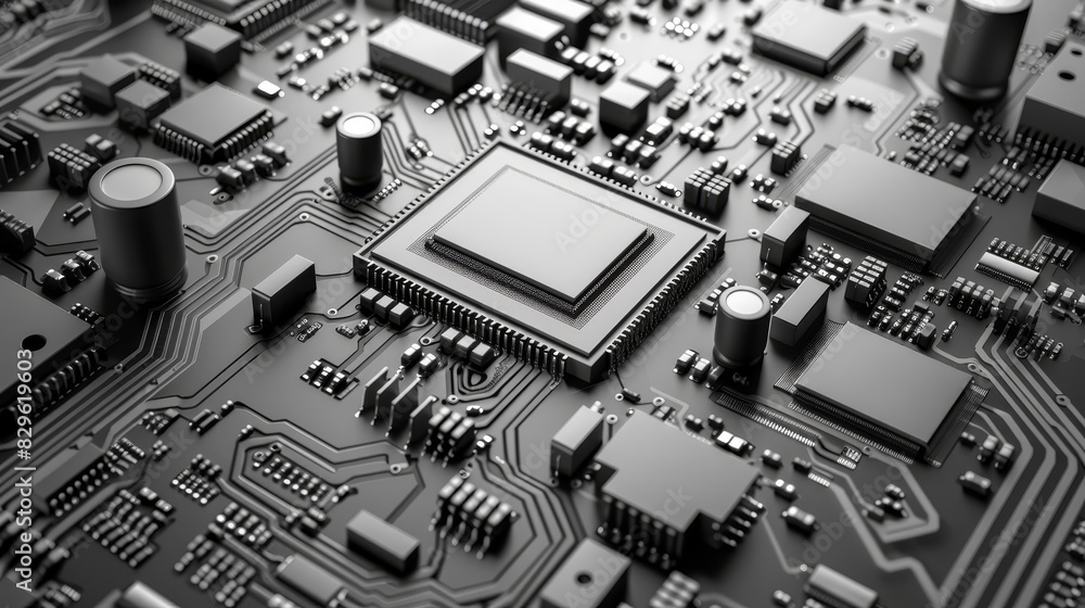 Poster close-up view of a black printed circuit board with various electronic components, showcasing detail