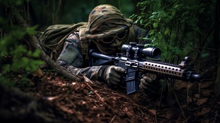 Camouflage sniper soldier laying  in the forest aiming at his target stealth operation secret mission 8x scope full active wearing uniform and gloves 