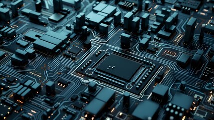 Close-up view of an intricate computer motherboard, showcasing complex circuitry and components. High-tech digital electronics concept.