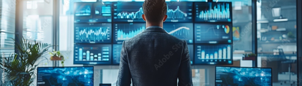 Poster businessman analyzing financial data on multiple computer screens in modern office, focusing on grap