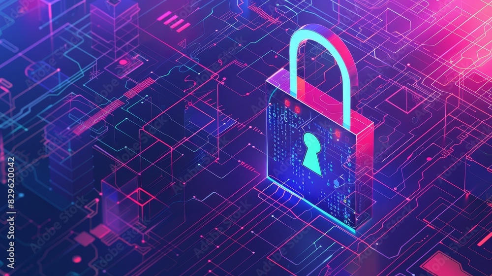 Poster digital padlock representing cybersecurity and data protection with abstract futuristic technology b