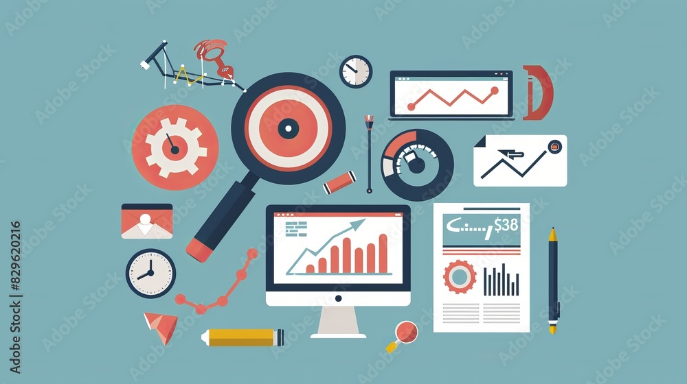 Poster flat design illustration of analytics tools including graphs, charts, magnifying glass, and computer