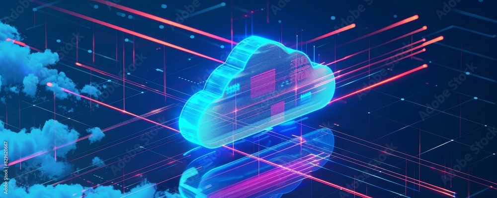 Poster futuristic cloud computing concept with digital elements, showcasing data transfer and technology de