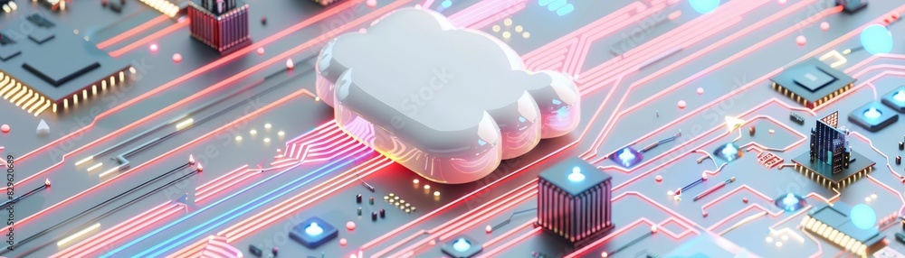 Poster futuristic cloud computing technology on a microchip circuit board with glowing neon lights, represe