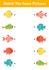 Picture Matching Worksheet for Preschool. Educational activity with cute fish illustration. Educational fun game for children.