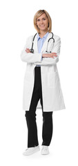 Fototapeta premium Smiling doctor with crossed arms on white background