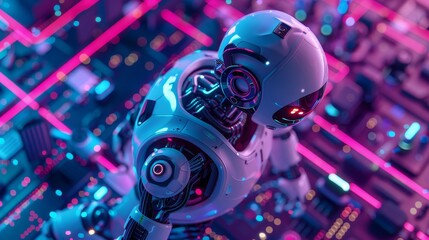 Futuristic cyborg robot with advanced AI on a neon-lit circuit board background, showcasing the technology and innovation behind robotics.