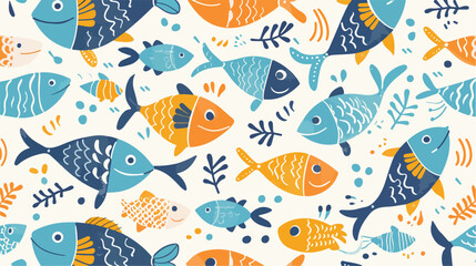 Decorative drawn pattern with funny fish. Seamless ma