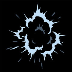 Explosion spark. Cartoon burst effect of vector comic boom and bang. Bomb blasts or explosive power energy flash on black, war game attacks animation